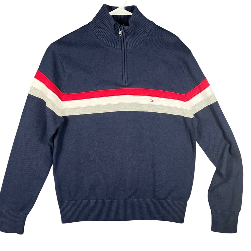 Tommy Hilfiger Quarter Zip Sweater Mens XL Navy Blue Striped Cotton Mock Neck